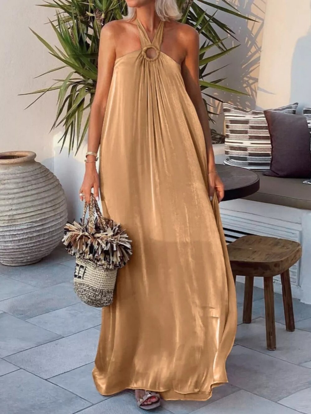 Halter Neck Maxi Dress with O-Ring Detail